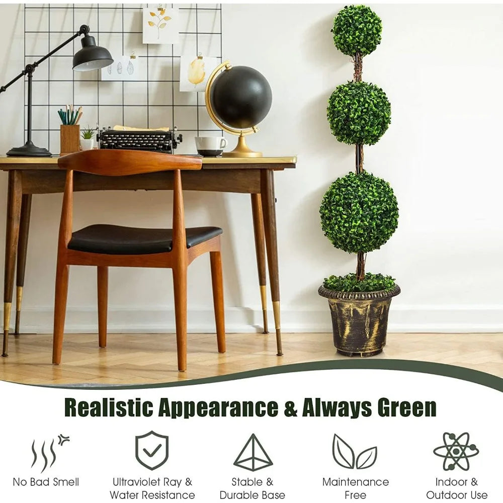 4 Ft 2 Pack Artificial Boxwood Topiary Tree, Fake Greenery Plants Ball Tree, Leaves & Cement-Filled Plastic Flower Pot