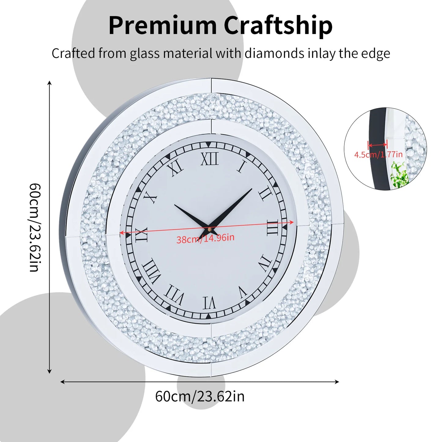 Diamond Large Mirrored Wall Clock for Living Room