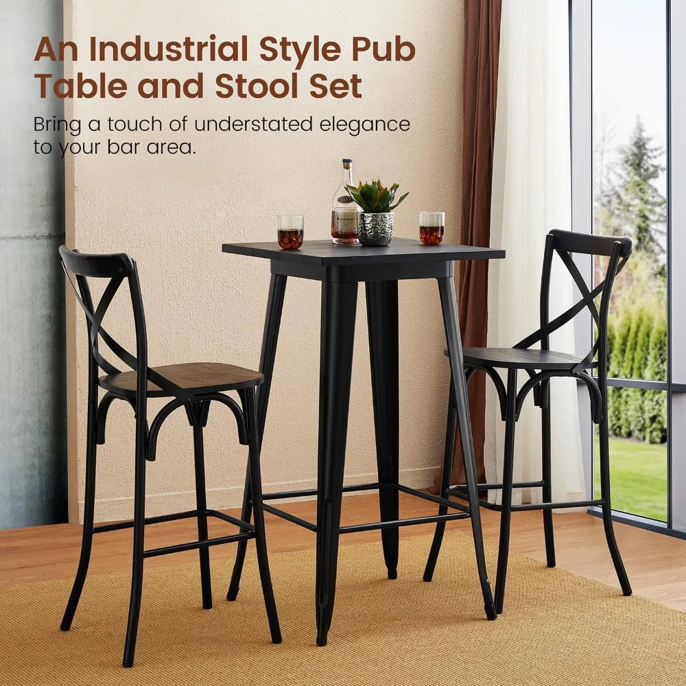 3 Pieces Black Steel Square Bar Table and Bar Stools,