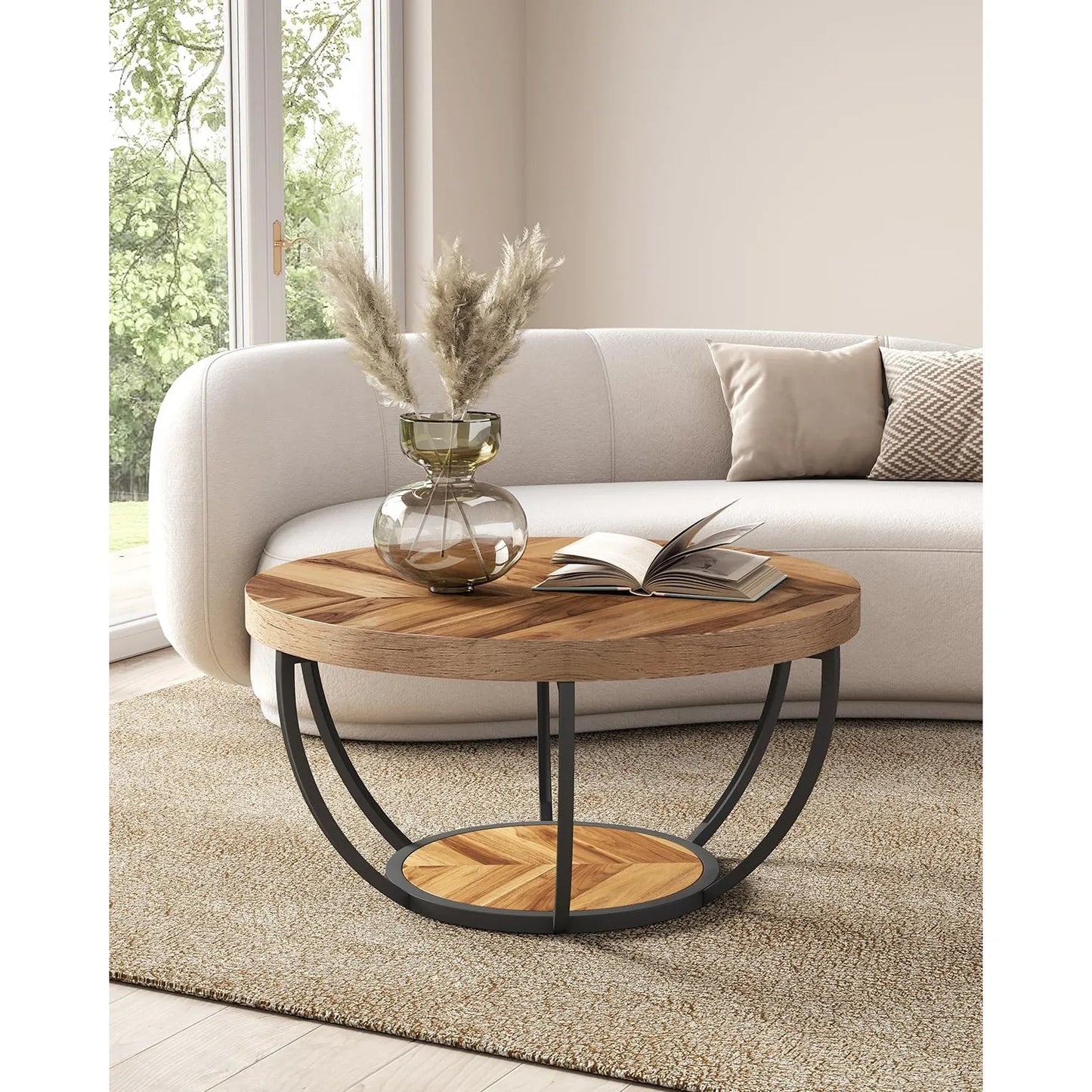 32" Circle Marble Coffee Tables, 2-Tier, Metal Legs