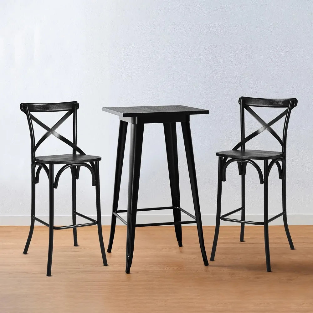 3 Pieces Black Steel Square Bar Table and Bar Stools,