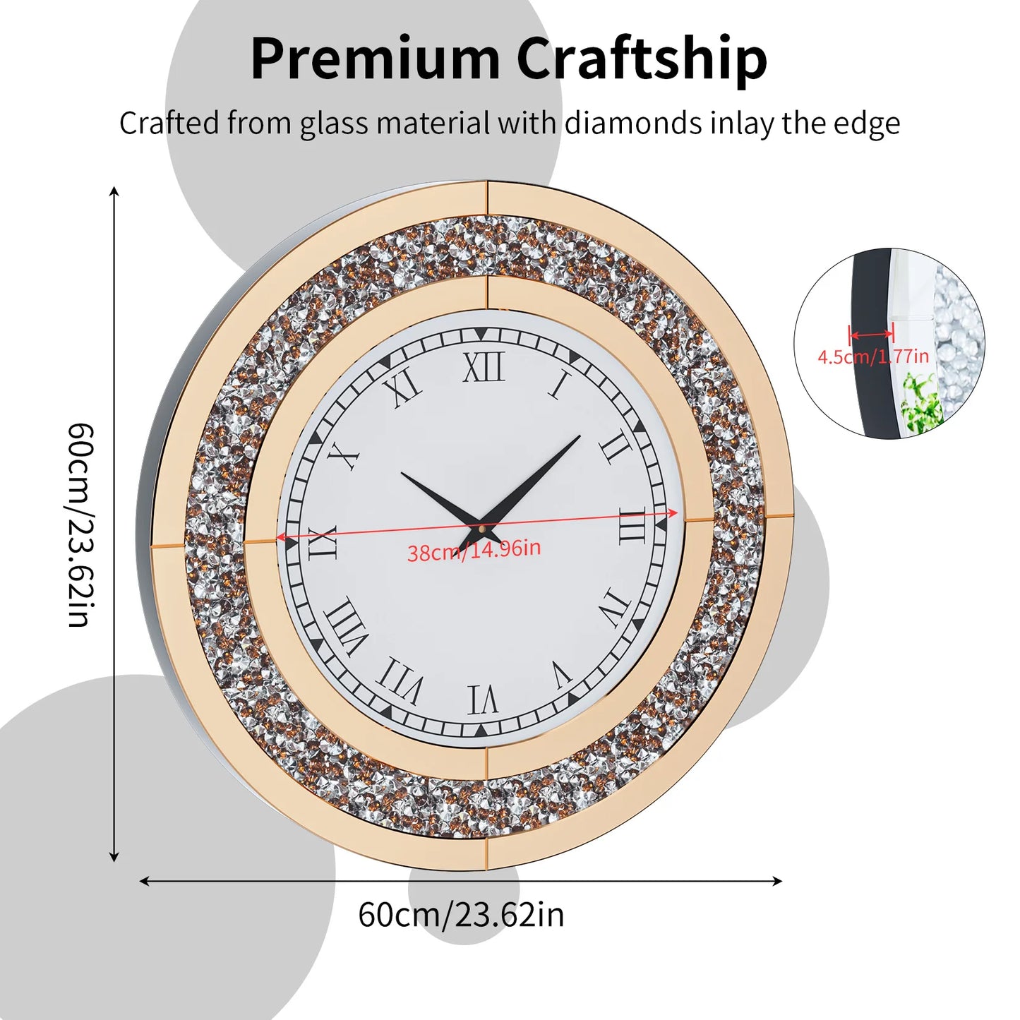 Diamond Large Mirrored Wall Clock for Living Room