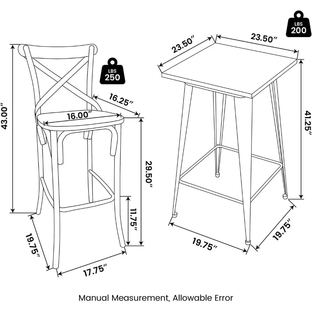3 Pieces Black Steel Square Bar Table and Bar Stools,
