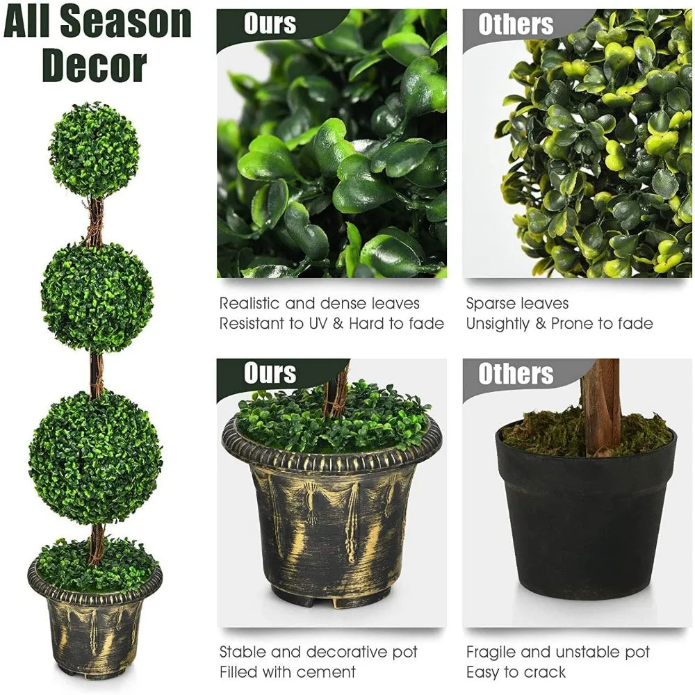 4 Ft 2 Pack Artificial Boxwood Topiary Tree, Fake Greenery Plants Ball Tree, Leaves & Cement-Filled Plastic Flower Pot