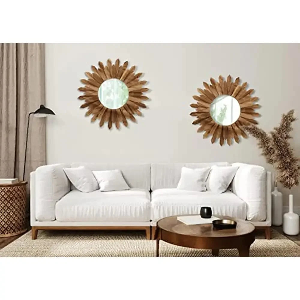 Boho Wood Sunburst Wall Mirror 22" Set of 2