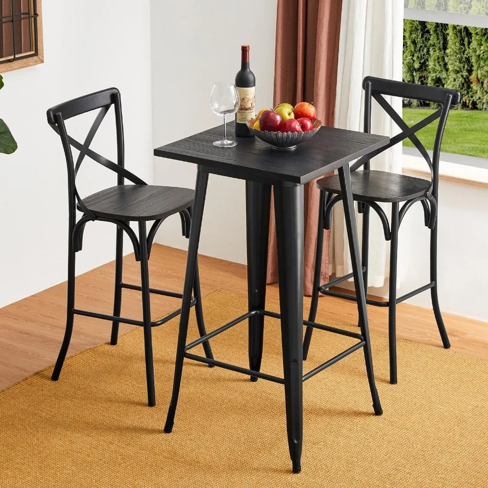 3 Pieces Black Steel Square Bar Table and Bar Stools,