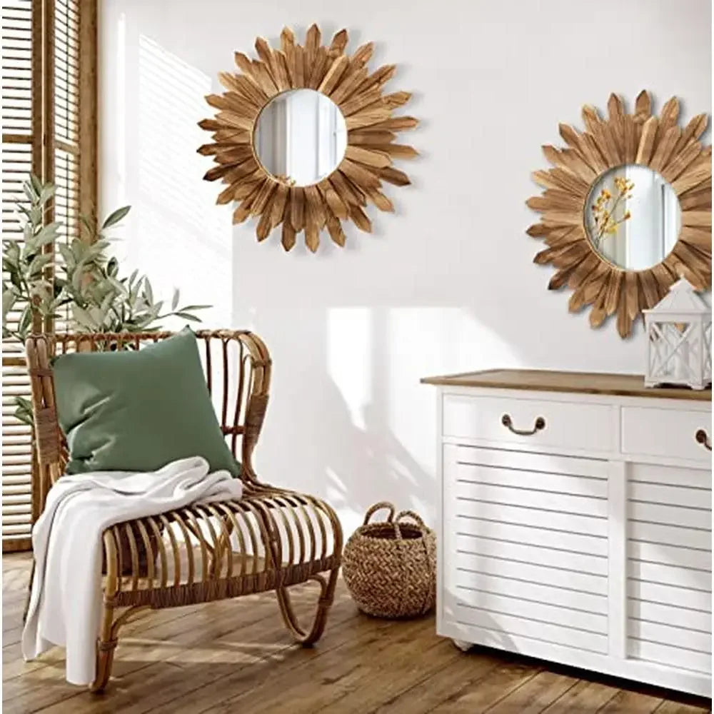 Boho Wood Sunburst Wall Mirror 22" Set of 2