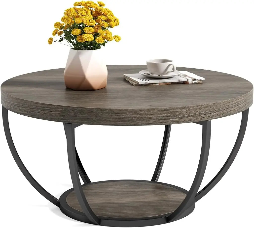 32" Circle Marble Coffee Tables, 2-Tier, Metal Legs