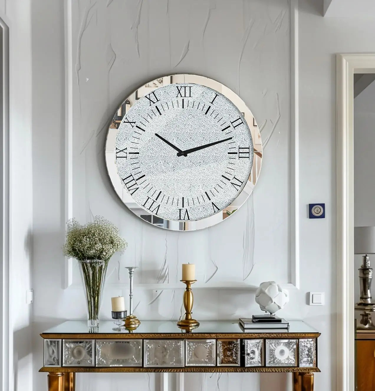 Crystal Crush Diamond Mirrored Round Wall Clock
