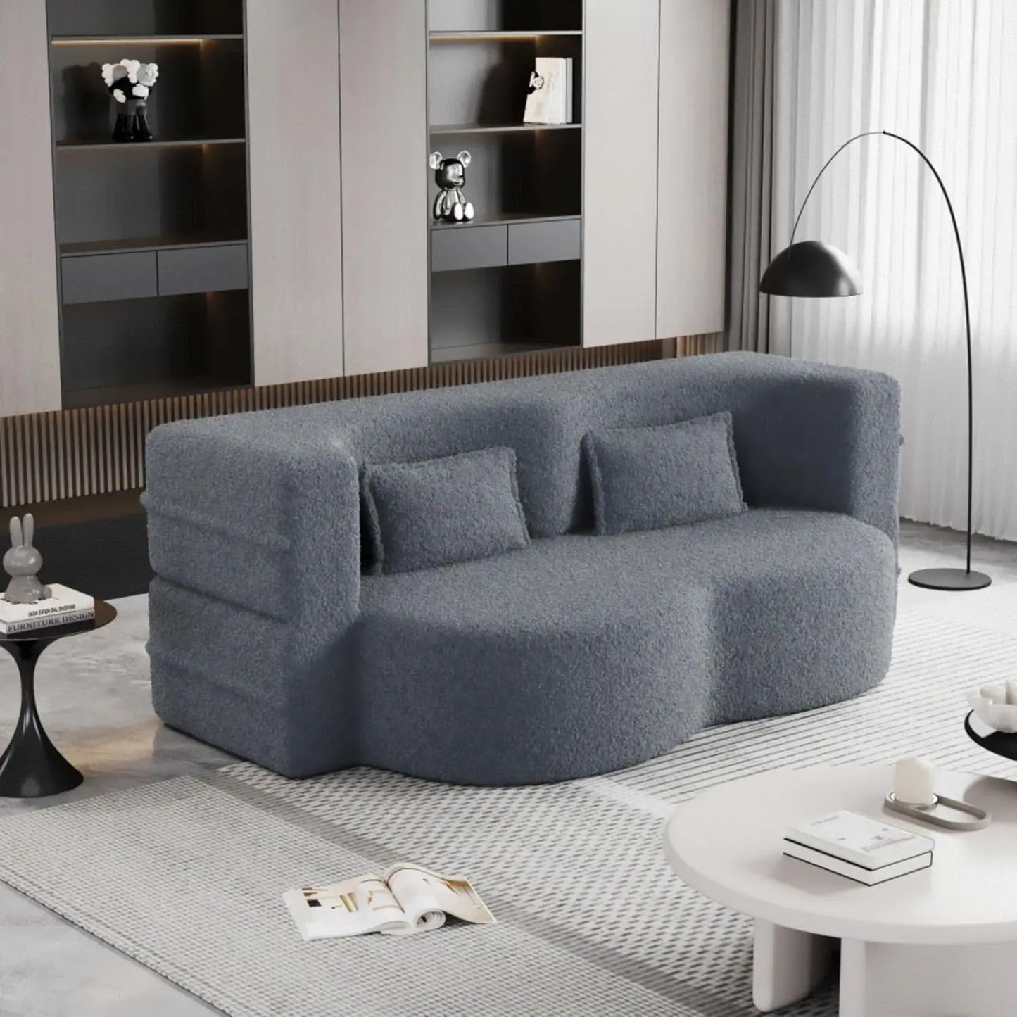 Modern Floor Sofa with 2 Pillows, Convertible Teddy Fabric Foam-Filled Sleeper Sofa Bed,