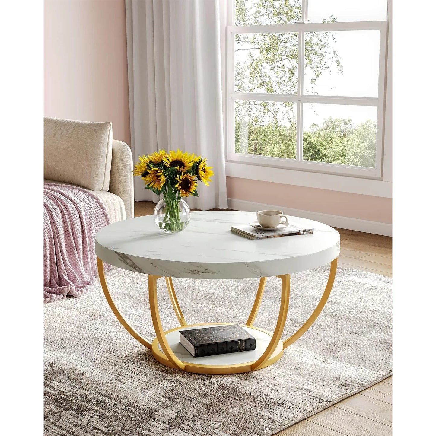 32" Circle Marble Coffee Tables, 2-Tier, Metal Legs