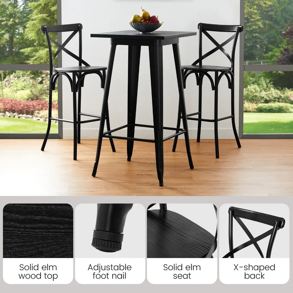 3 Pieces Black Steel Square Bar Table and Bar Stools,