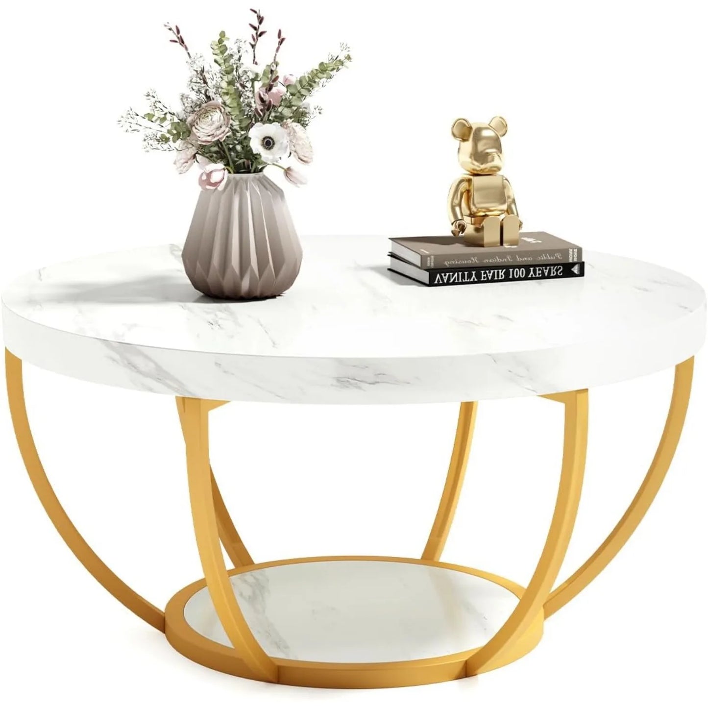 32" Circle Marble Coffee Tables, 2-Tier, Metal Legs