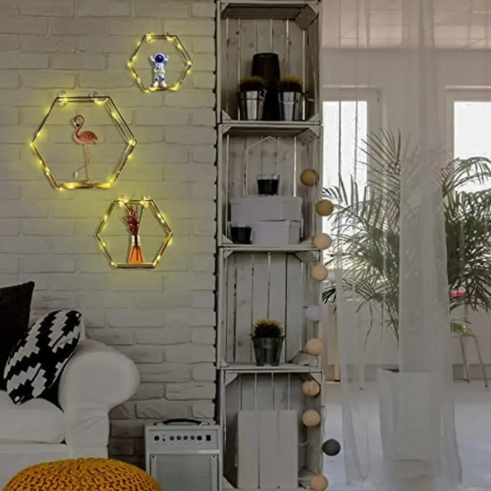 Hexagon Metal Wire Wood LED Lights