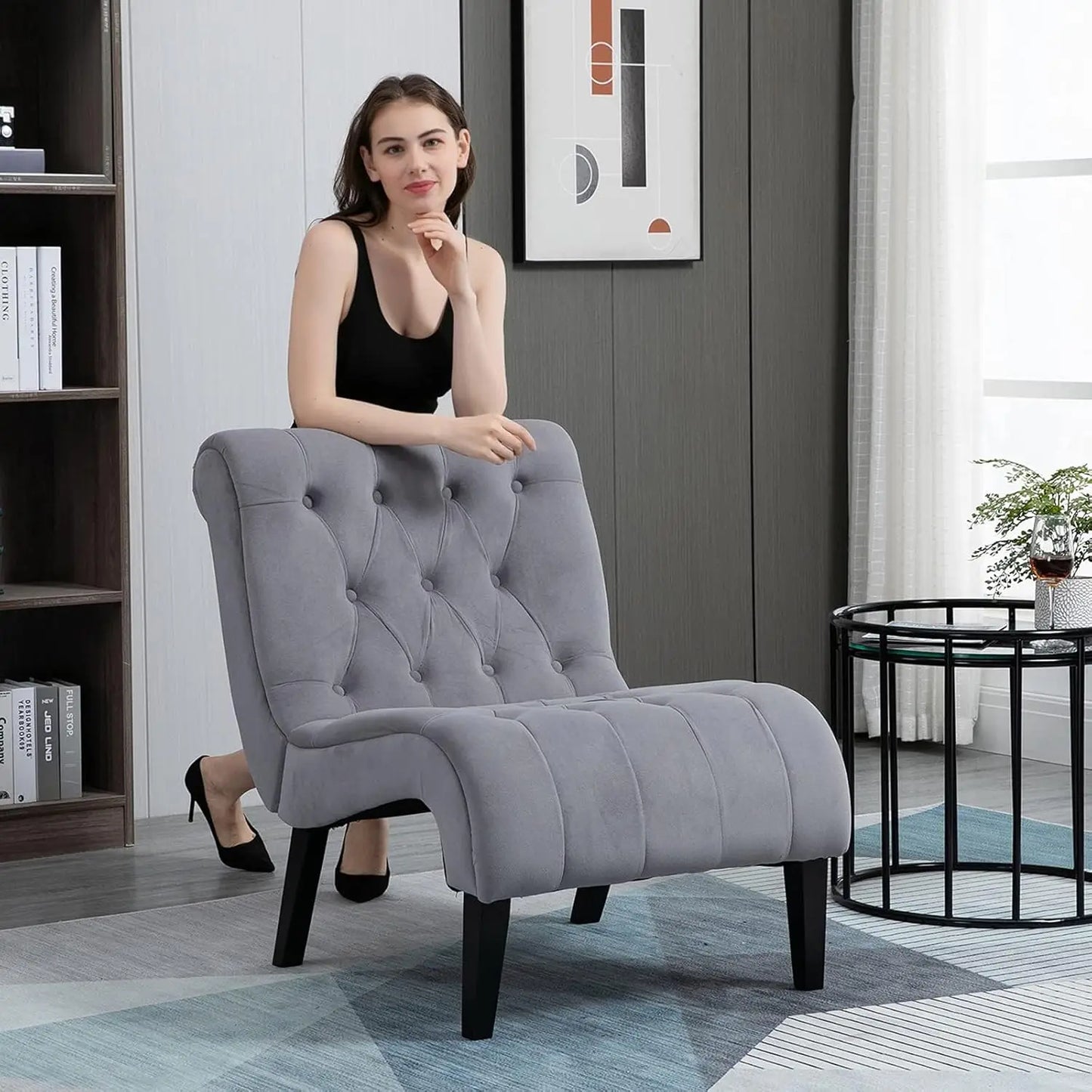 Armless Upholstered Lounge Chair Wood Legs,