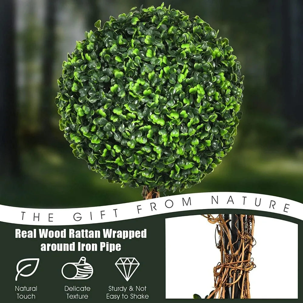 4 Ft 2 Pack Artificial Boxwood Topiary Tree, Fake Greenery Plants Ball Tree, Leaves & Cement-Filled Plastic Flower Pot