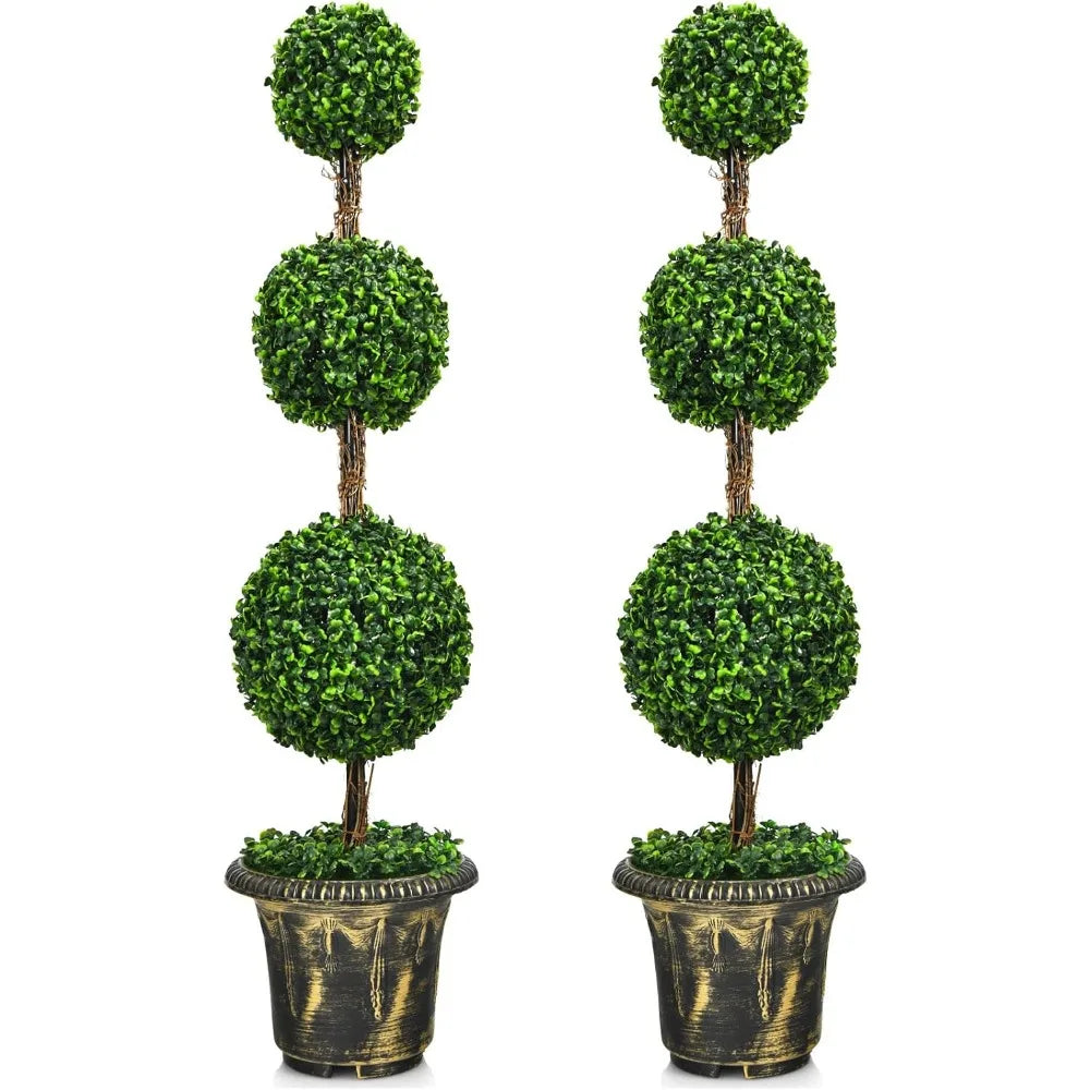 4 Ft 2 Pack Artificial Boxwood Topiary Tree, Fake Greenery Plants Ball Tree, Leaves & Cement-Filled Plastic Flower Pot