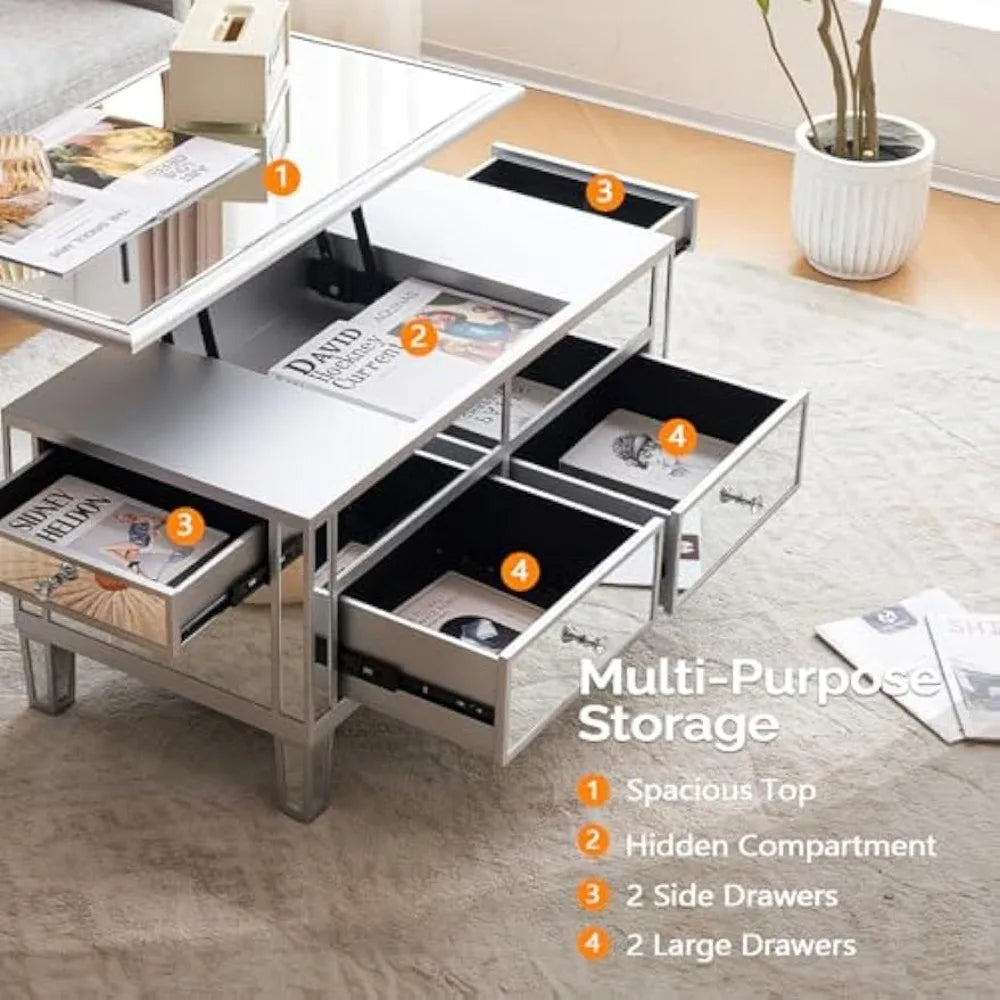 Coffee Table, Mirrored Lift Top Coffee Table,