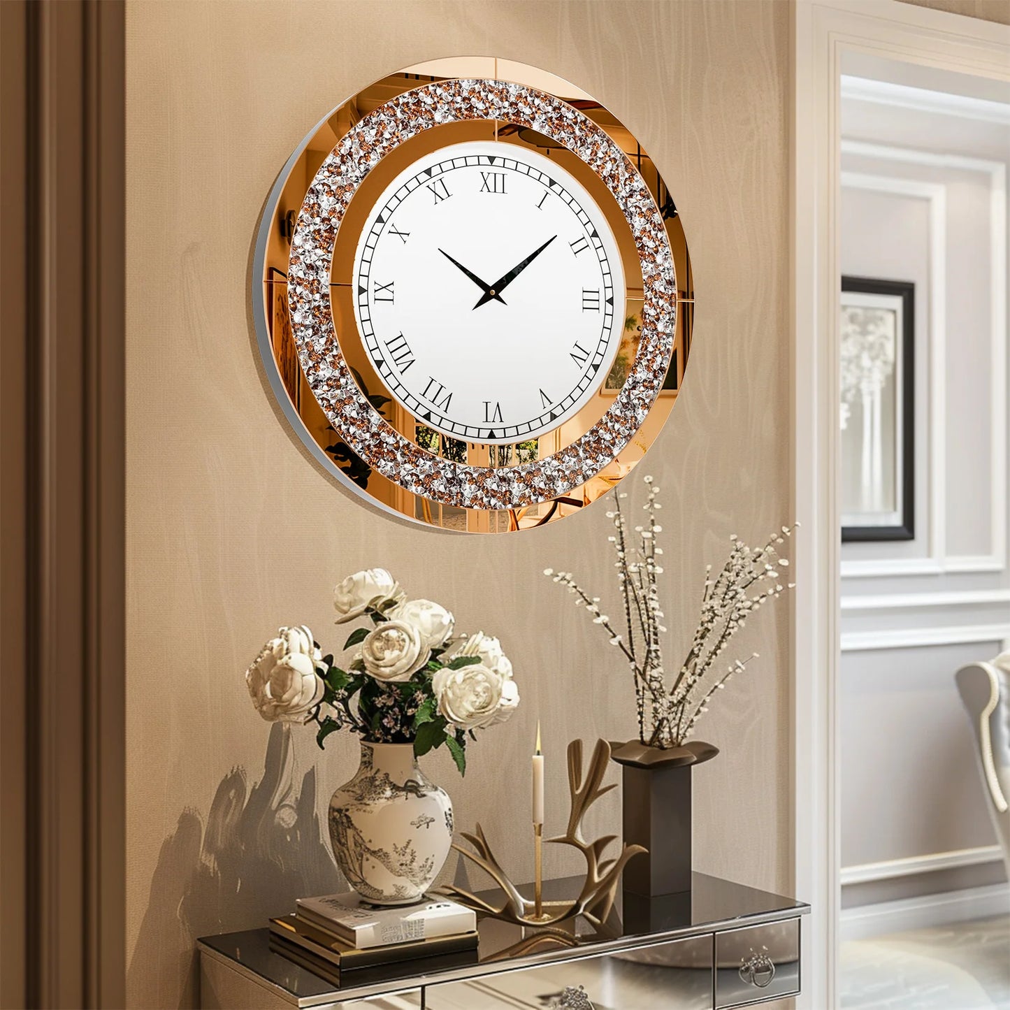 Diamond Large Mirrored Wall Clock for Living Room