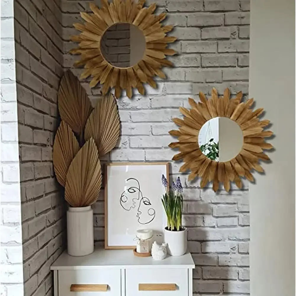 Boho Wood Sunburst Wall Mirror 22" Set of 2