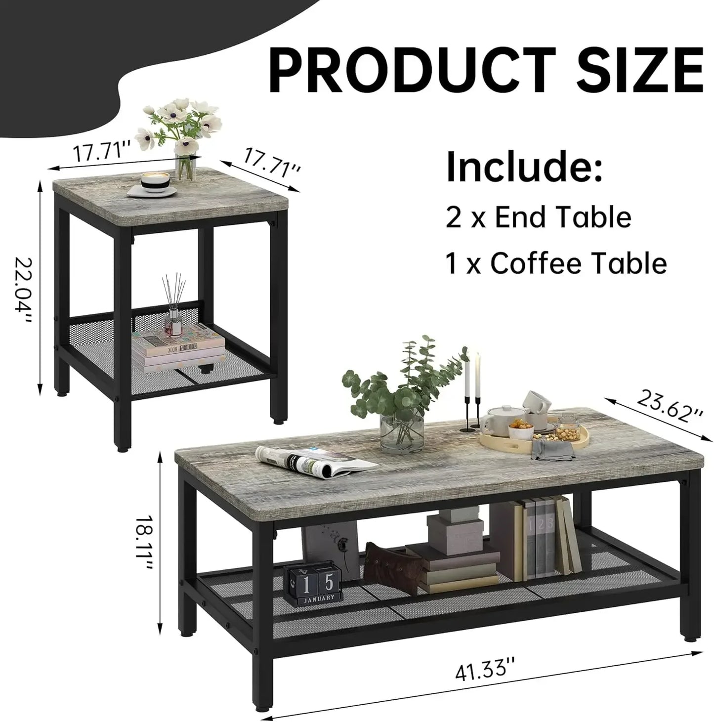 Industrial 3 Pieces Living Room Table Set