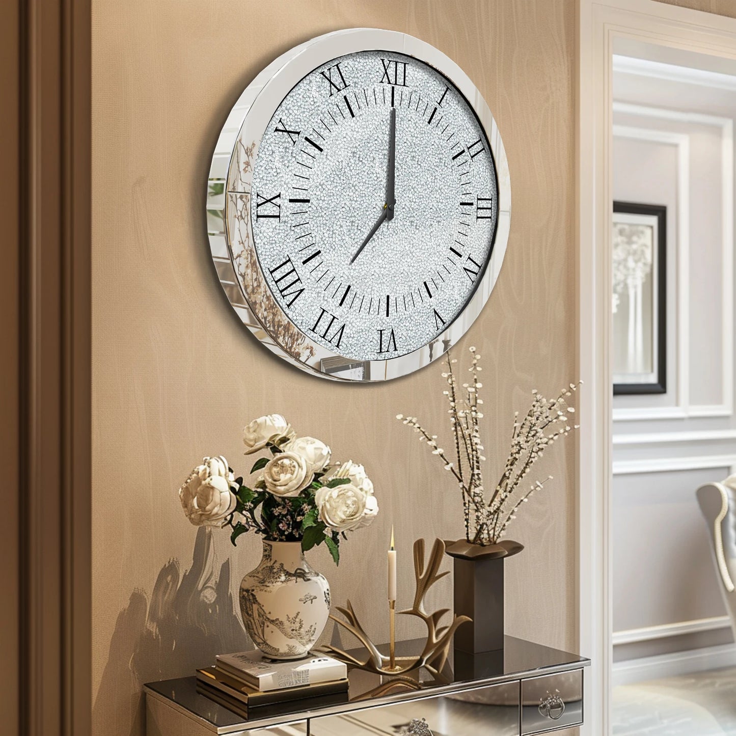 Crystal Crush Diamond Mirrored Round Wall Clock