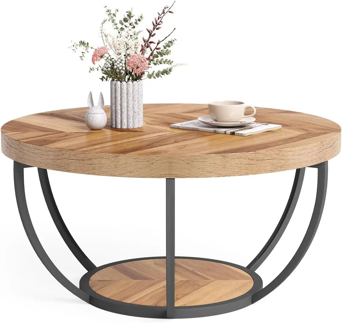 32" Circle Marble Coffee Tables, 2-Tier, Metal Legs