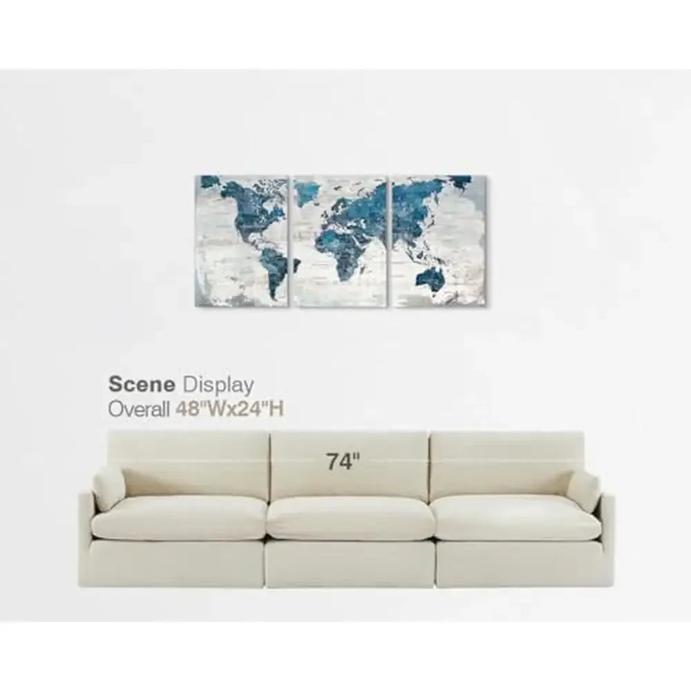 Blue World Map Canvas Wall Art Set of 3 Panels