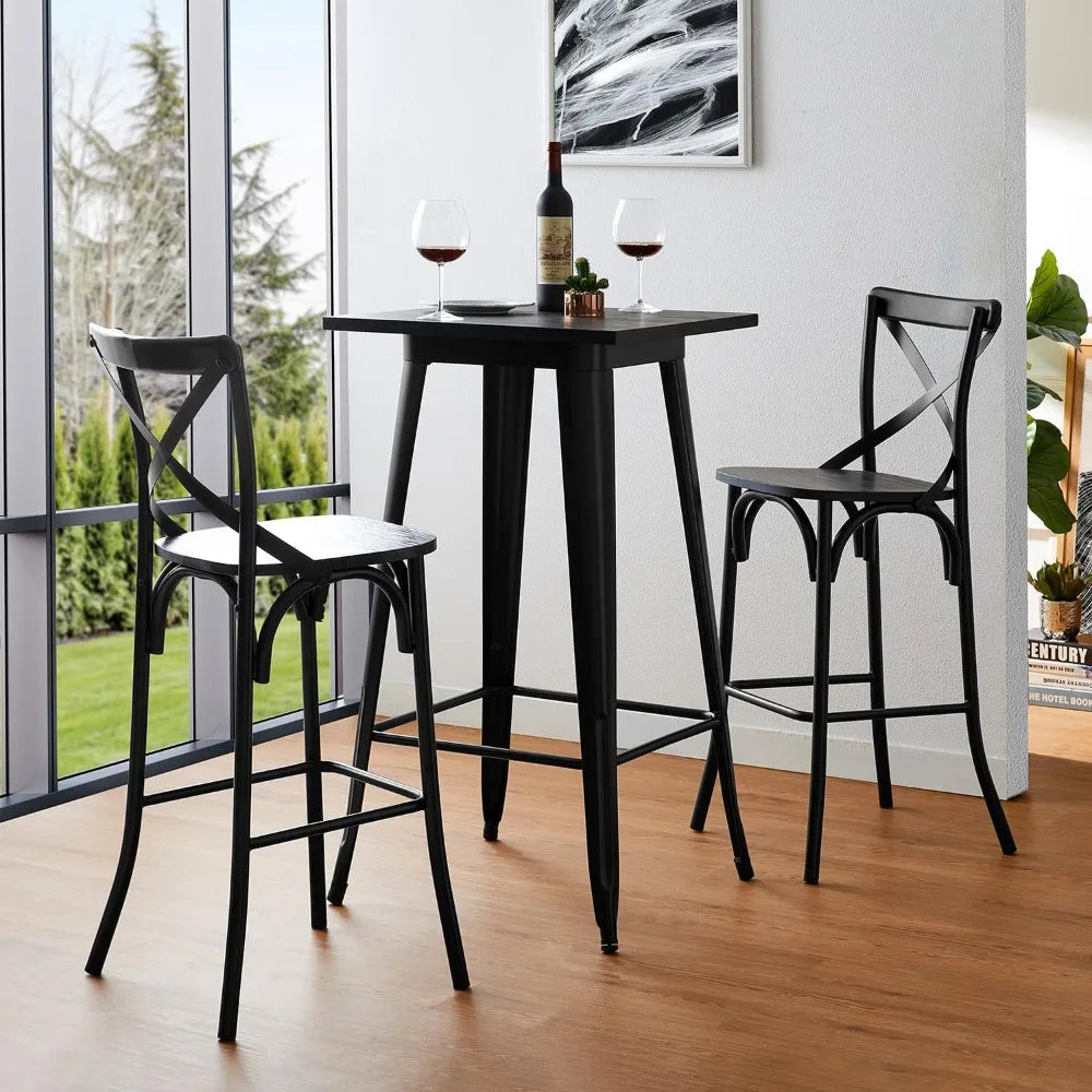 3 Pieces Black Steel Square Bar Table and Bar Stools,
