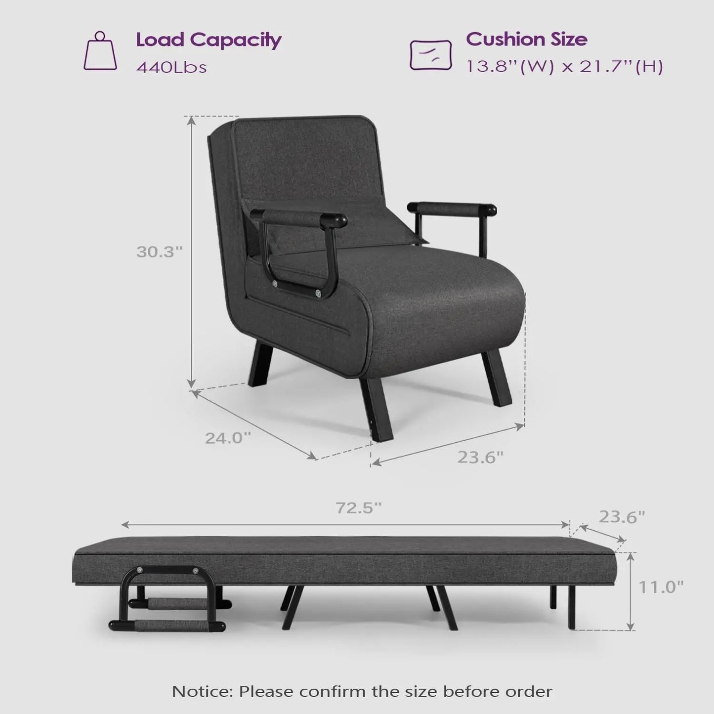 Convertible Sofa Sleeper Chair Bed, Chaise Lounge