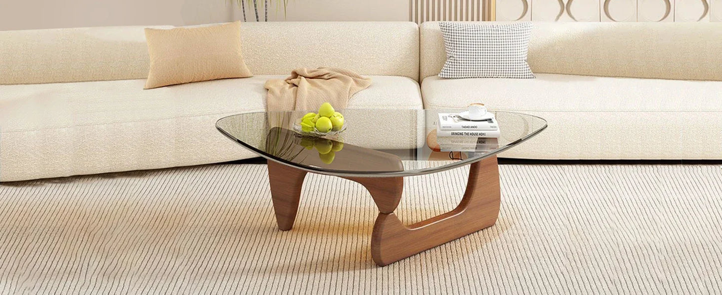 Triangle Glass Coffee Table with Wooden Base
