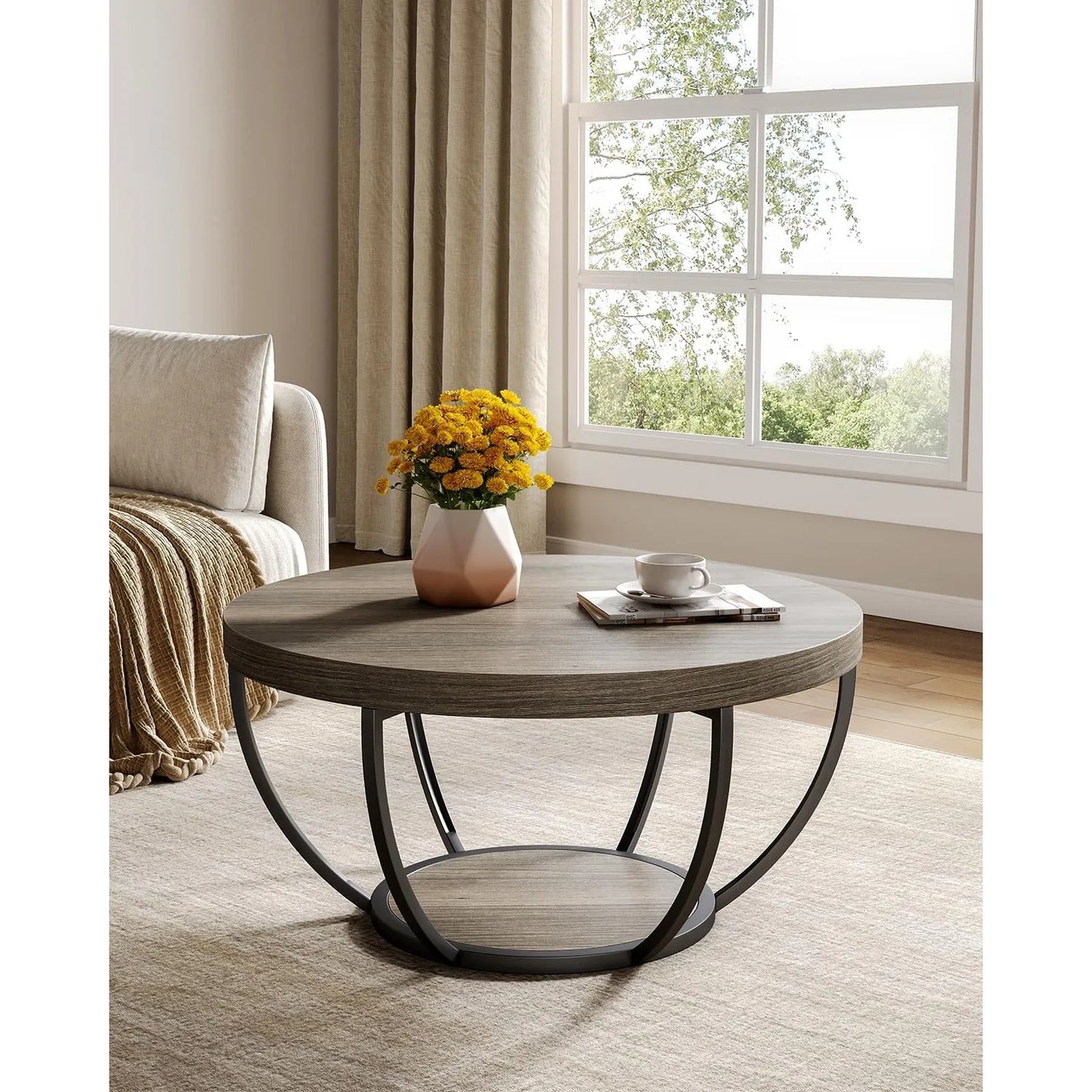 32" Circle Marble Coffee Tables, 2-Tier, Metal Legs