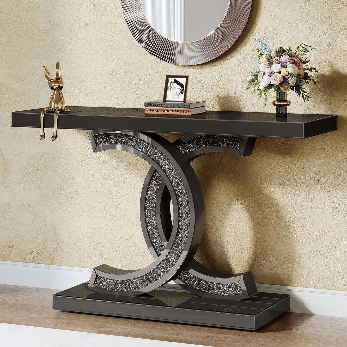 Mirrored Console Table, Modern Black Entryway Table