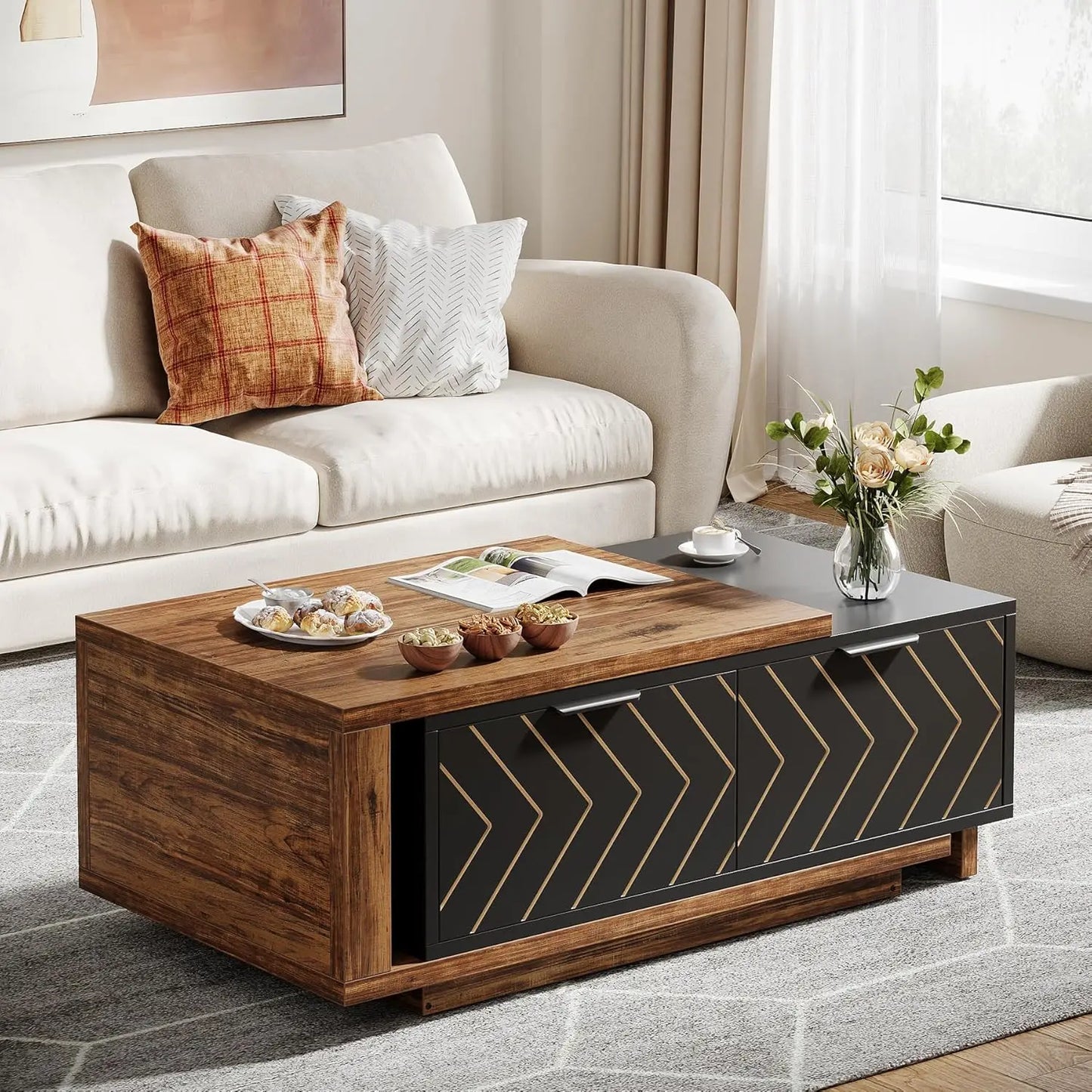 Wood Coffee Table with 2 Storage Drawers