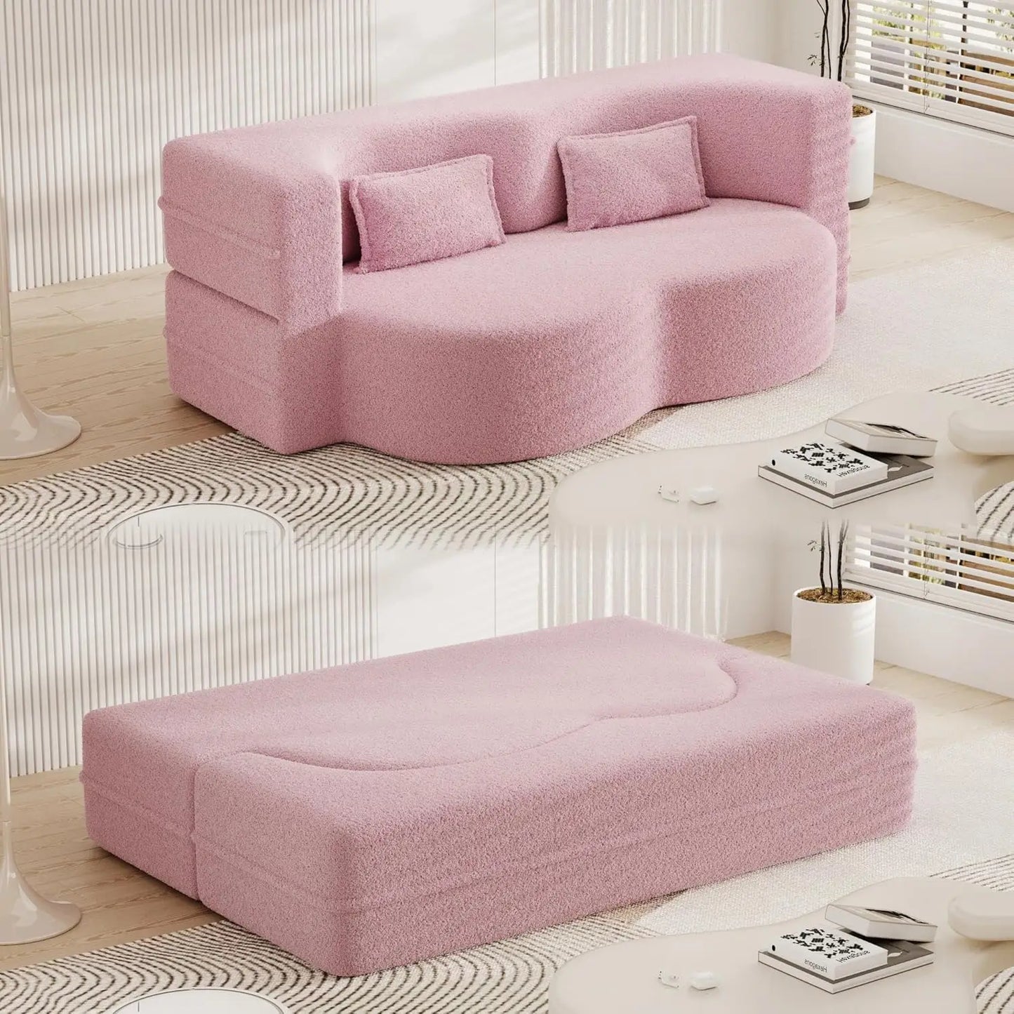 Modern Floor Sofa with 2 Pillows, Convertible Teddy Fabric Foam-Filled Sleeper Sofa Bed,