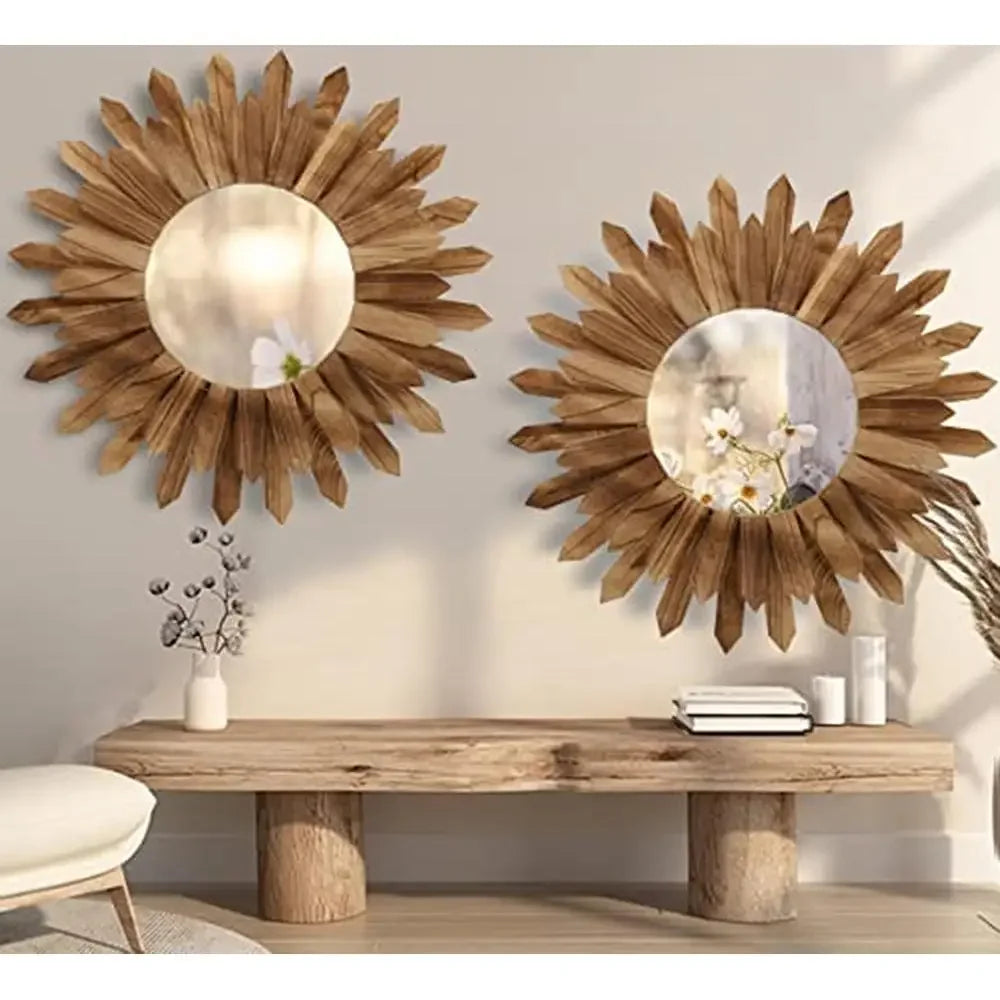 Boho Wood Sunburst Wall Mirror 22" Set of 2