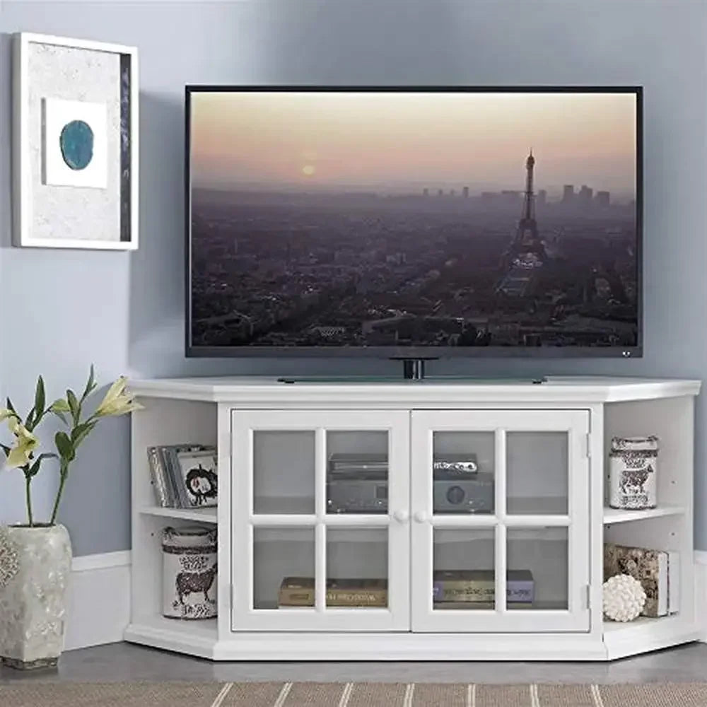 White Corner TV Stand with Bookshelf Storage