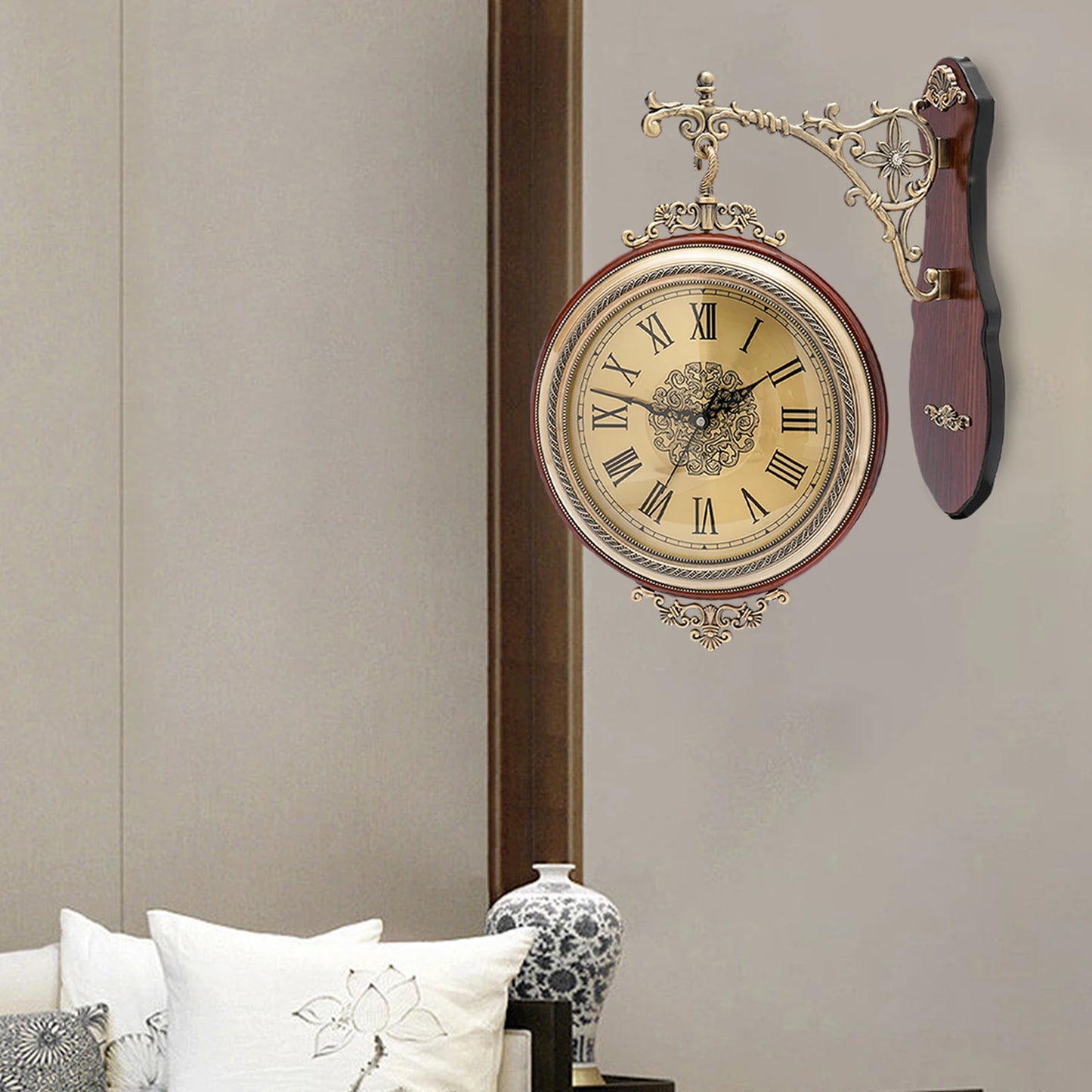 Large Metal Wood Double Sided Wall Clock