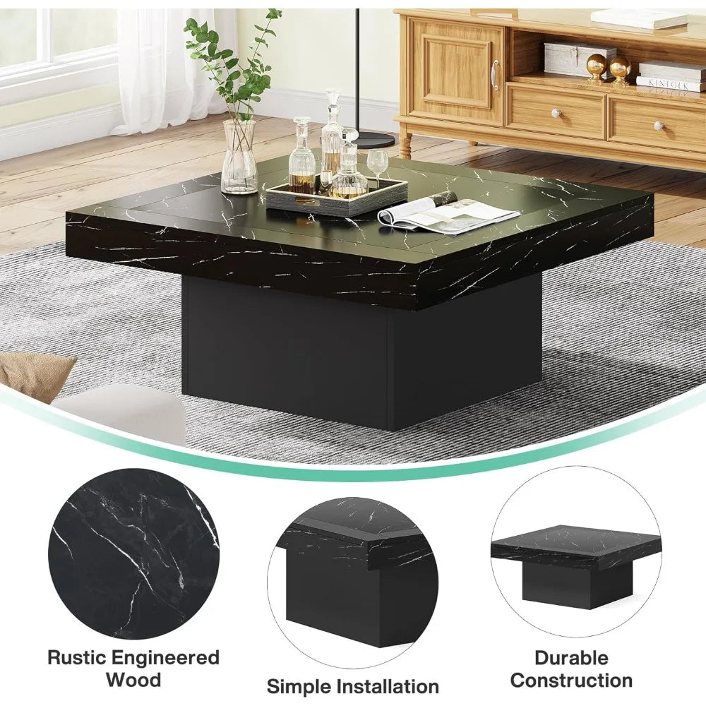 Coffee Table Square LED Coffee Table Engineered Wood Low Coffee Table for Living Room (Faux Marble Black+Black)