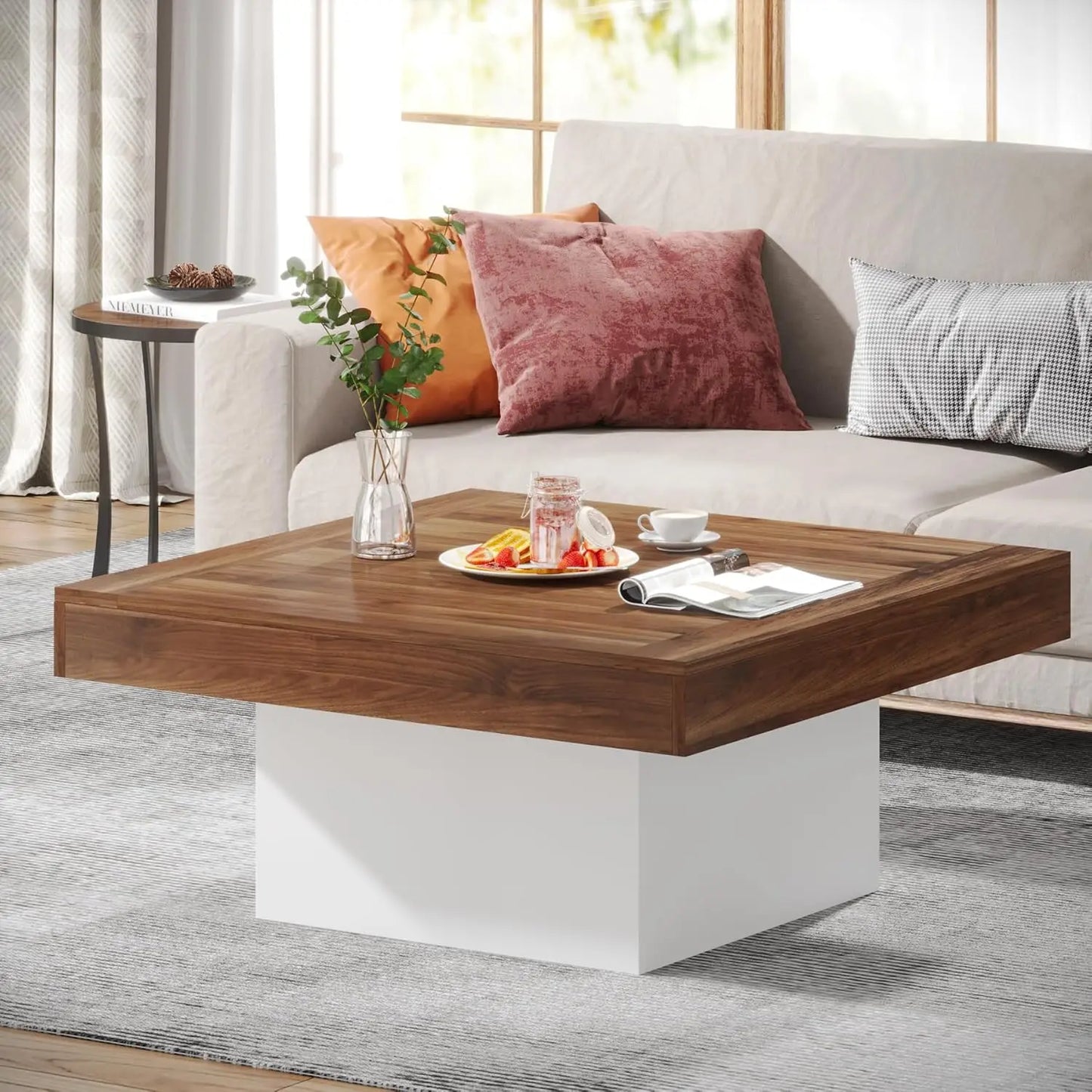 Coffee Table Square LED Coffee Table Engineered Wood Low Coffee Table for Living Room (Faux Marble Black+Black)