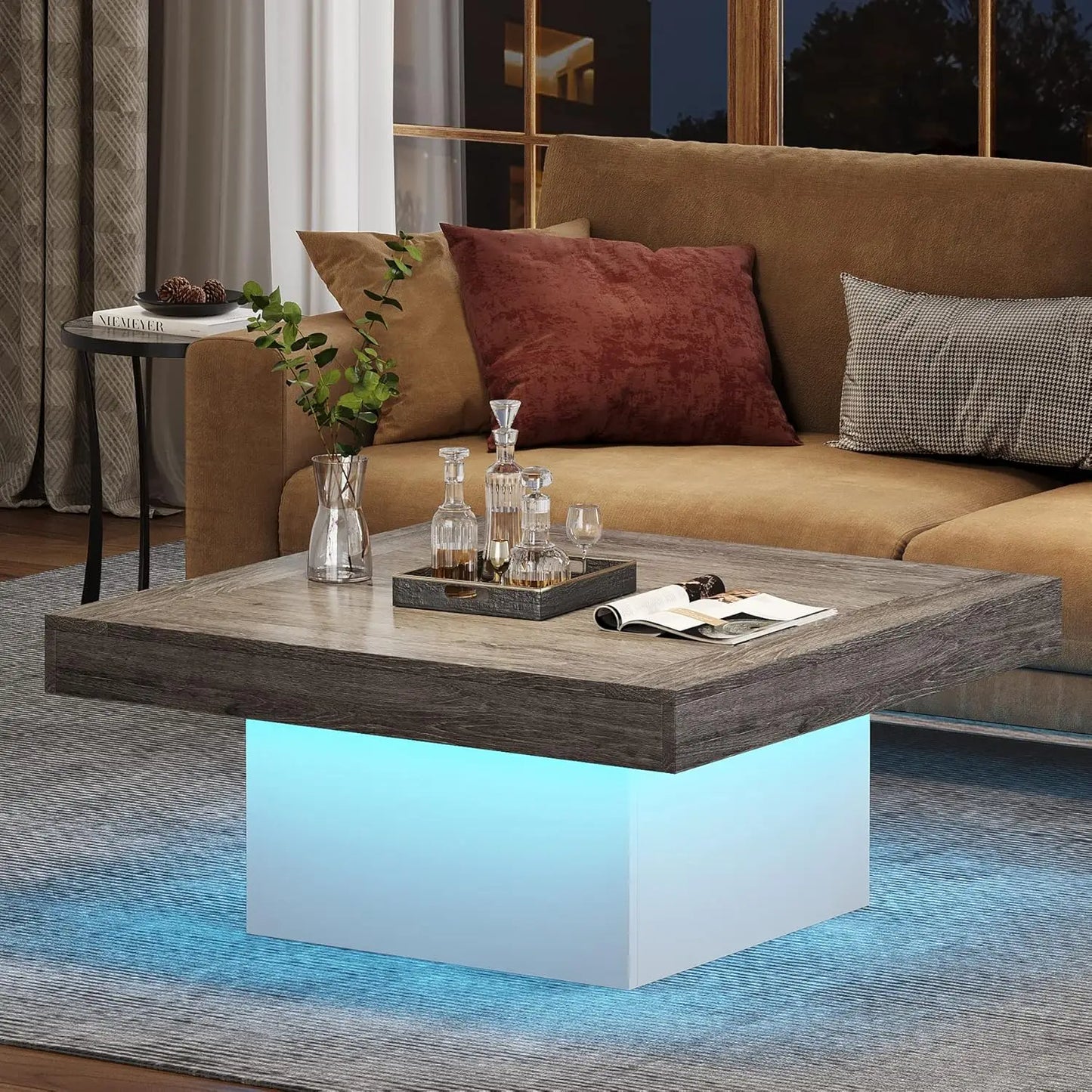 Coffee Table Square LED Coffee Table Engineered Wood Low Coffee Table for Living Room (Faux Marble Black+Black)