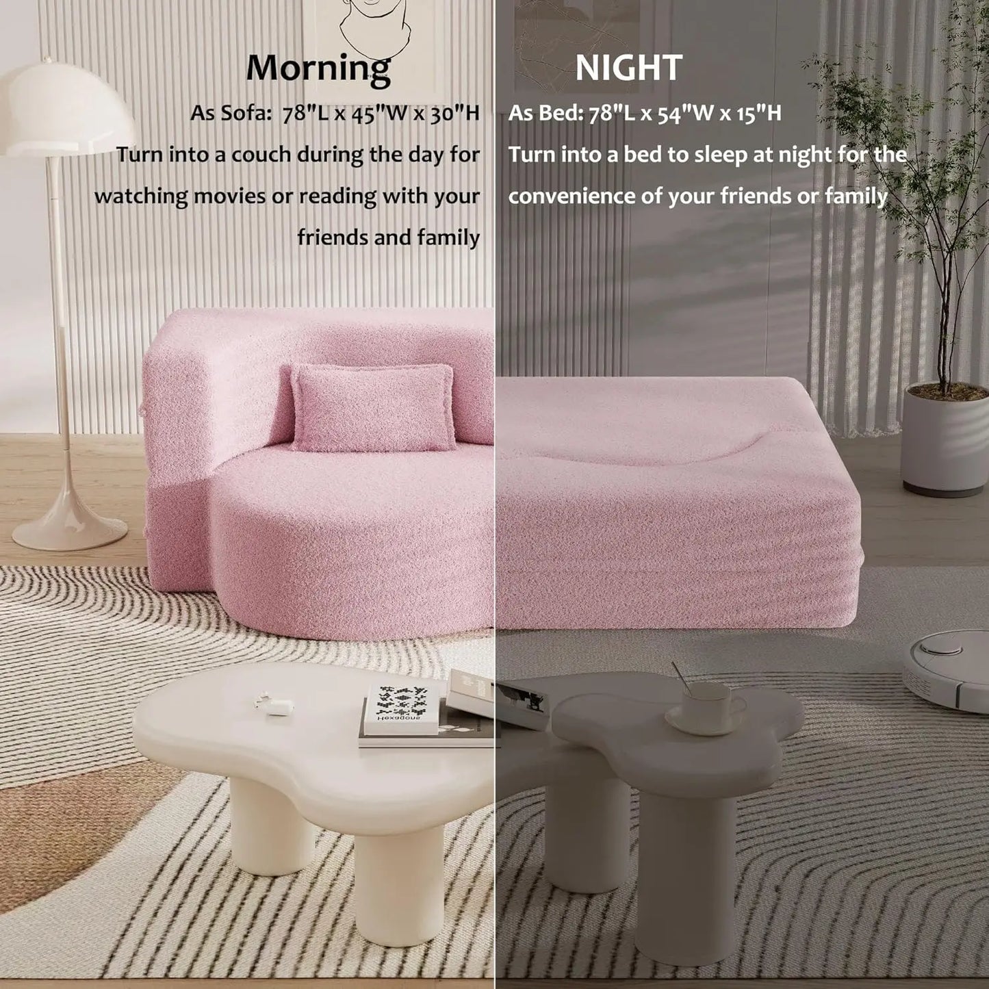 Modern Floor Sofa with 2 Pillows, Convertible Teddy Fabric Foam-Filled Sleeper Sofa Bed,