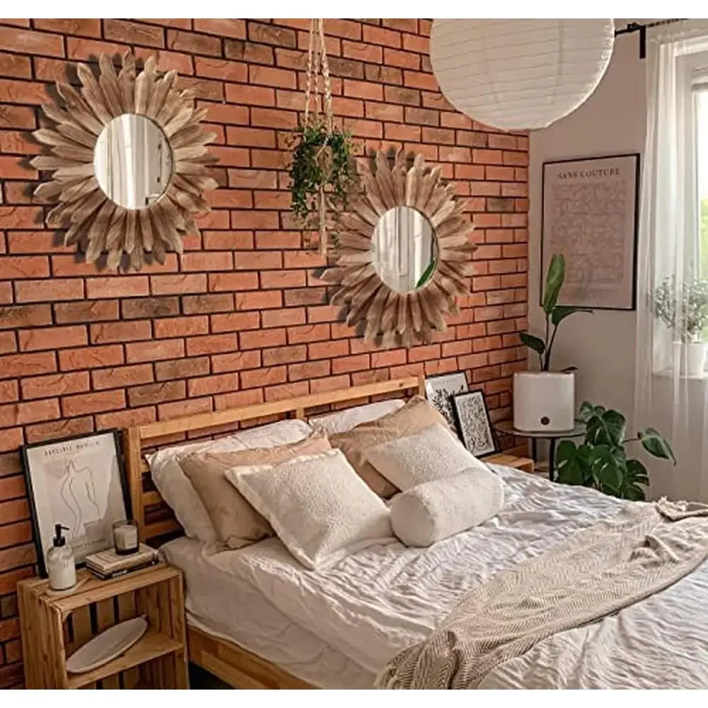 Boho Wood Sunburst Wall Mirror 22" Set of 2