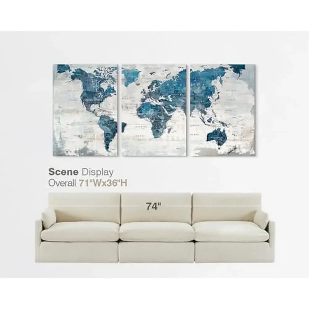 Blue World Map Canvas Wall Art Set of 3 Panels