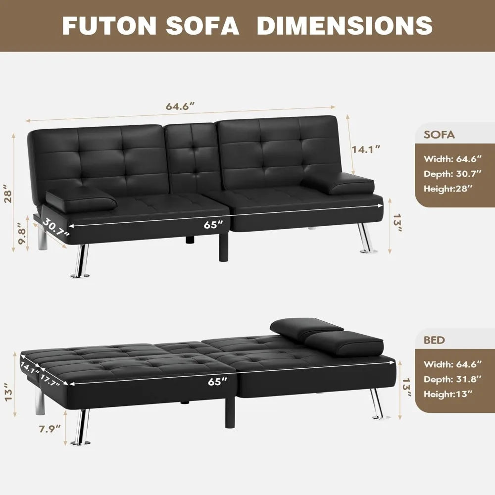 Homall Futon Sofa Bed, Leather Futon Couch with Removable Armrests, Adjustable Recliner Sleeper Sofa Bed with Dual Cup Holders