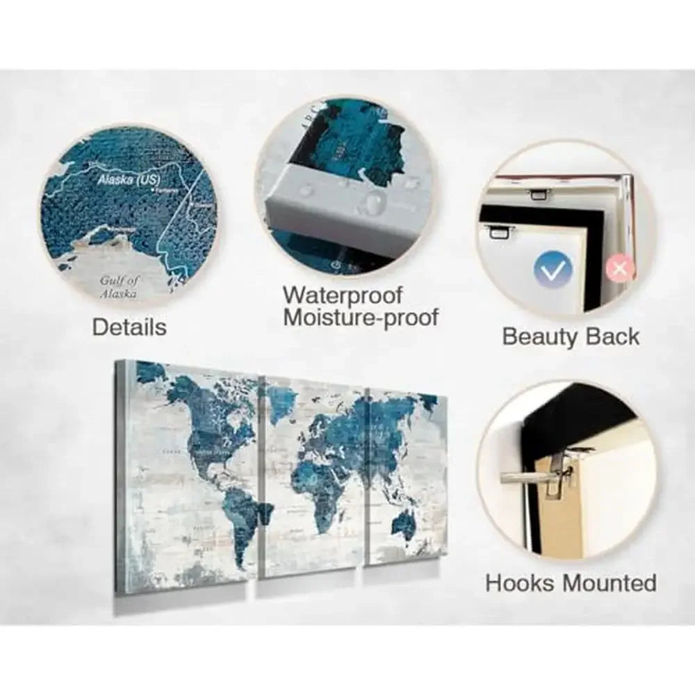 Blue World Map Canvas Wall Art Set of 3 Panels