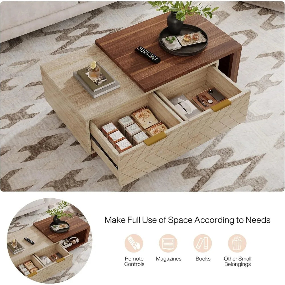 Wood Coffee Table with 2 Storage Drawers