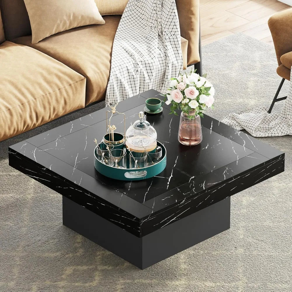 Coffee Table Square LED Coffee Table Engineered Wood Low Coffee Table for Living Room (Faux Marble Black+Black)