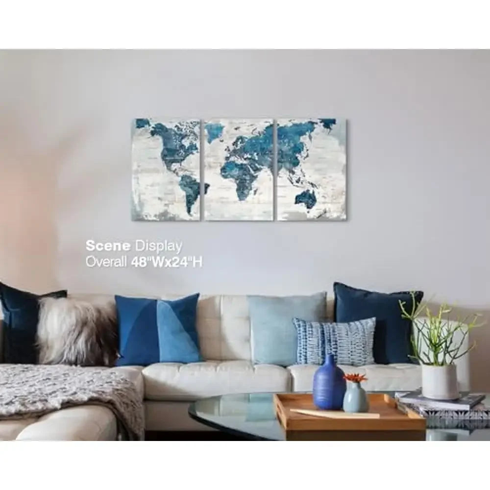 Blue World Map Canvas Wall Art Set of 3 Panels