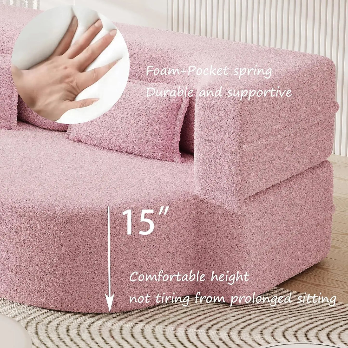 Modern Floor Sofa with 2 Pillows, Convertible Teddy Fabric Foam-Filled Sleeper Sofa Bed,